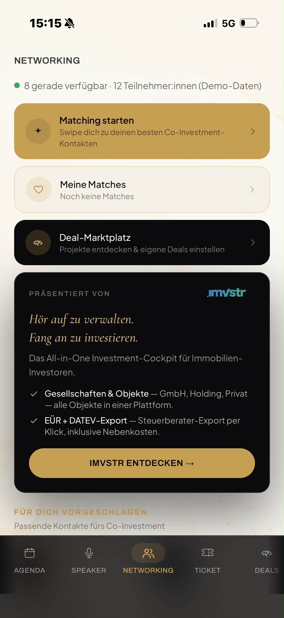 Networkingbereich der IR-App mit Matching und Deal-Marktplatz